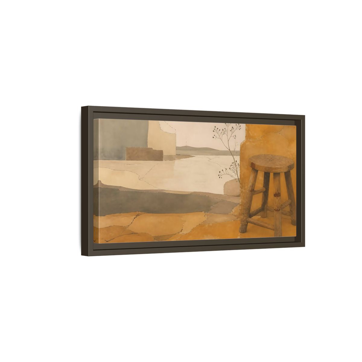Side Mockup 7. Wabi-Sabi Wooden Stool shown as framed canvas print