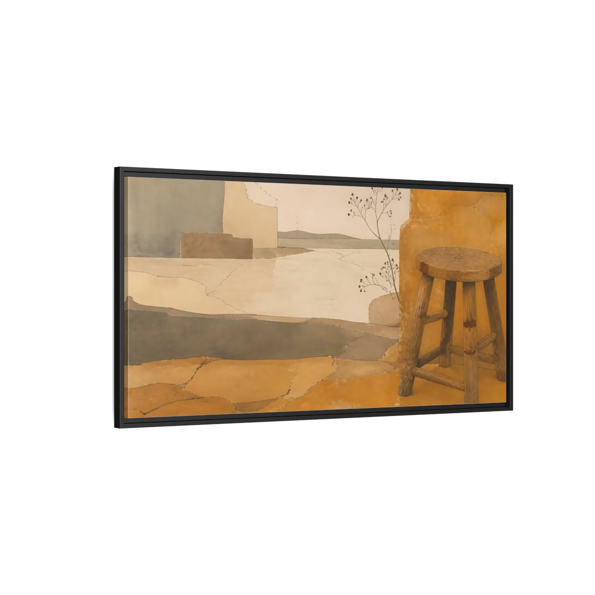 Side Mockup 5. Wabi-Sabi Wooden Stool shown as framed canvas print