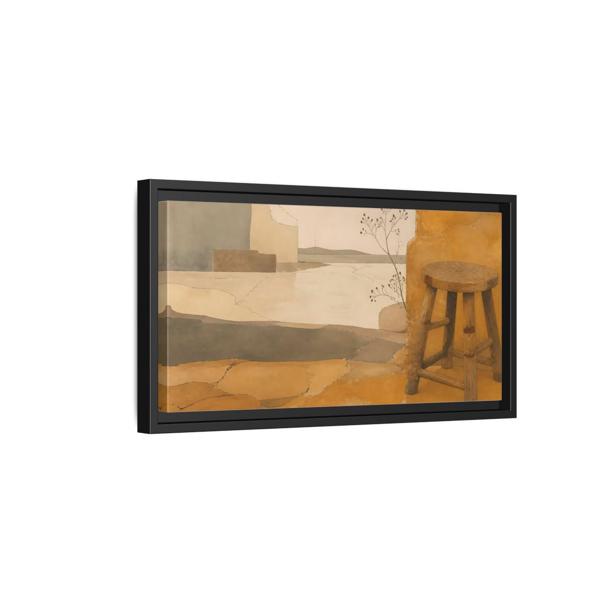 Side Mockup 8. Wabi-Sabi Wooden Stool shown as framed canvas print