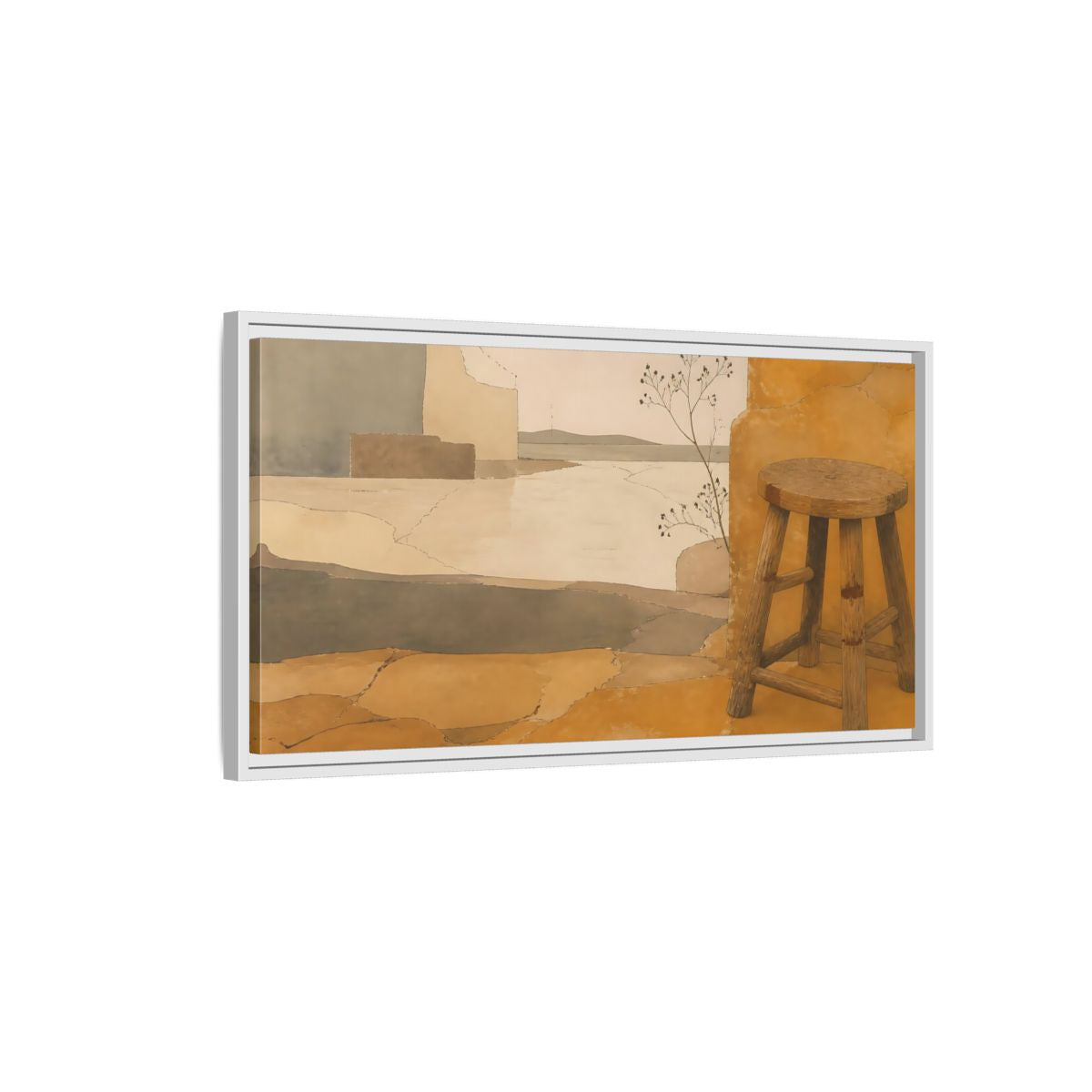 Side Mockup 1. Wabi-Sabi Wooden Stool shown as framed canvas print