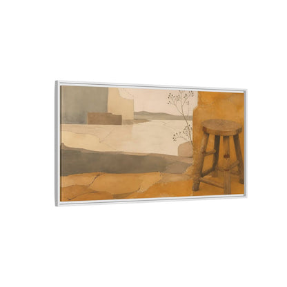 Side Mockup 3. Wabi-Sabi Wooden Stool shown as framed canvas print