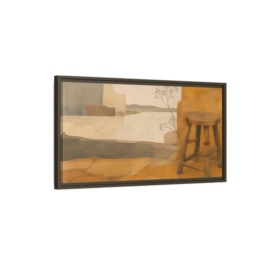 Main Mockup. Wabi-Sabi Wooden Stool shown as framed canvas print