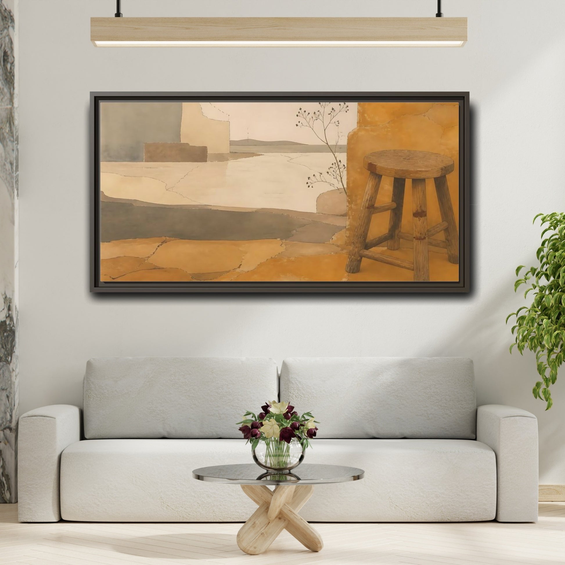 Mockup 2. Wabi-Sabi Wooden Stool shown as framed canvas print