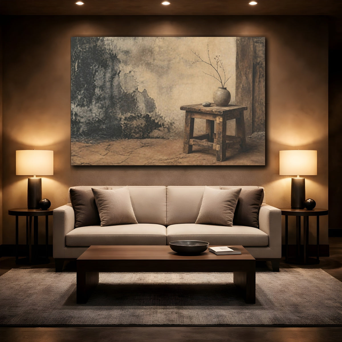 Mockup 2. Wabi-Sabi Wooden Stool shown as canvas print