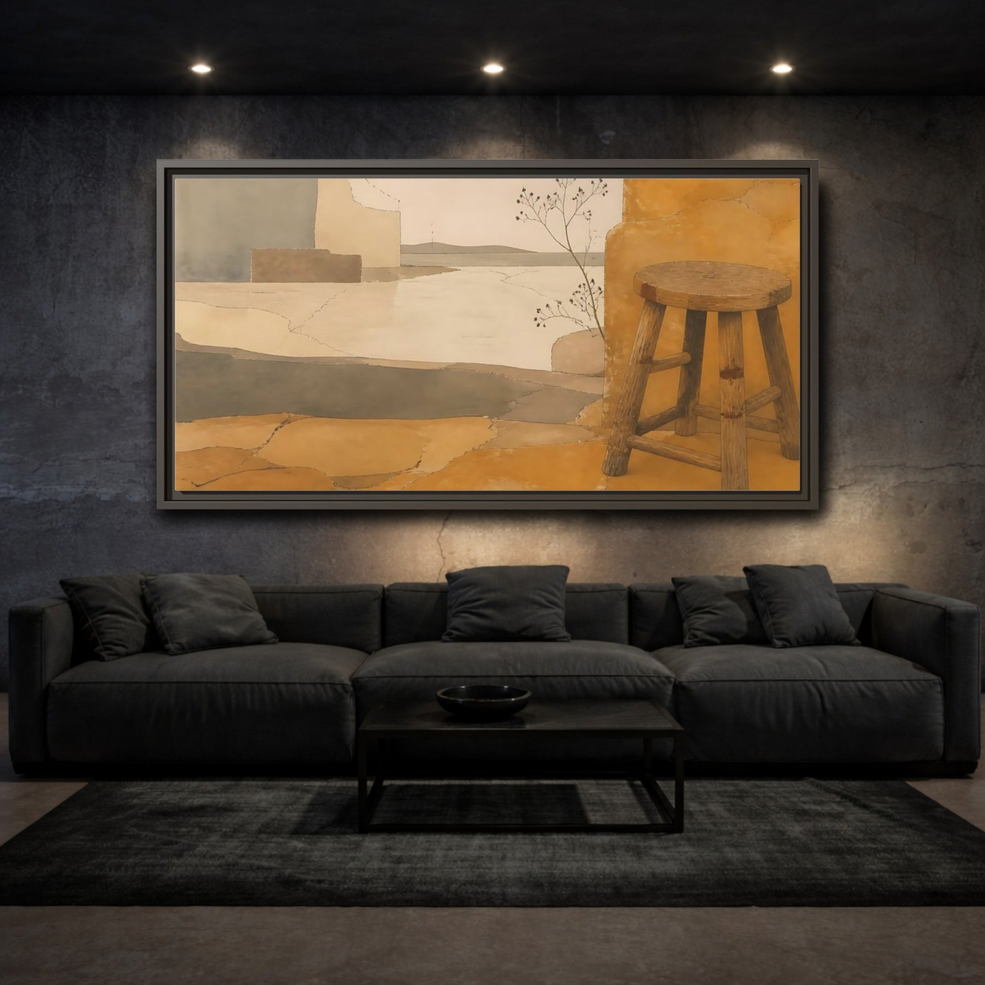 Mockup 3. Wabi-Sabi Wooden Stool shown as framed canvas print