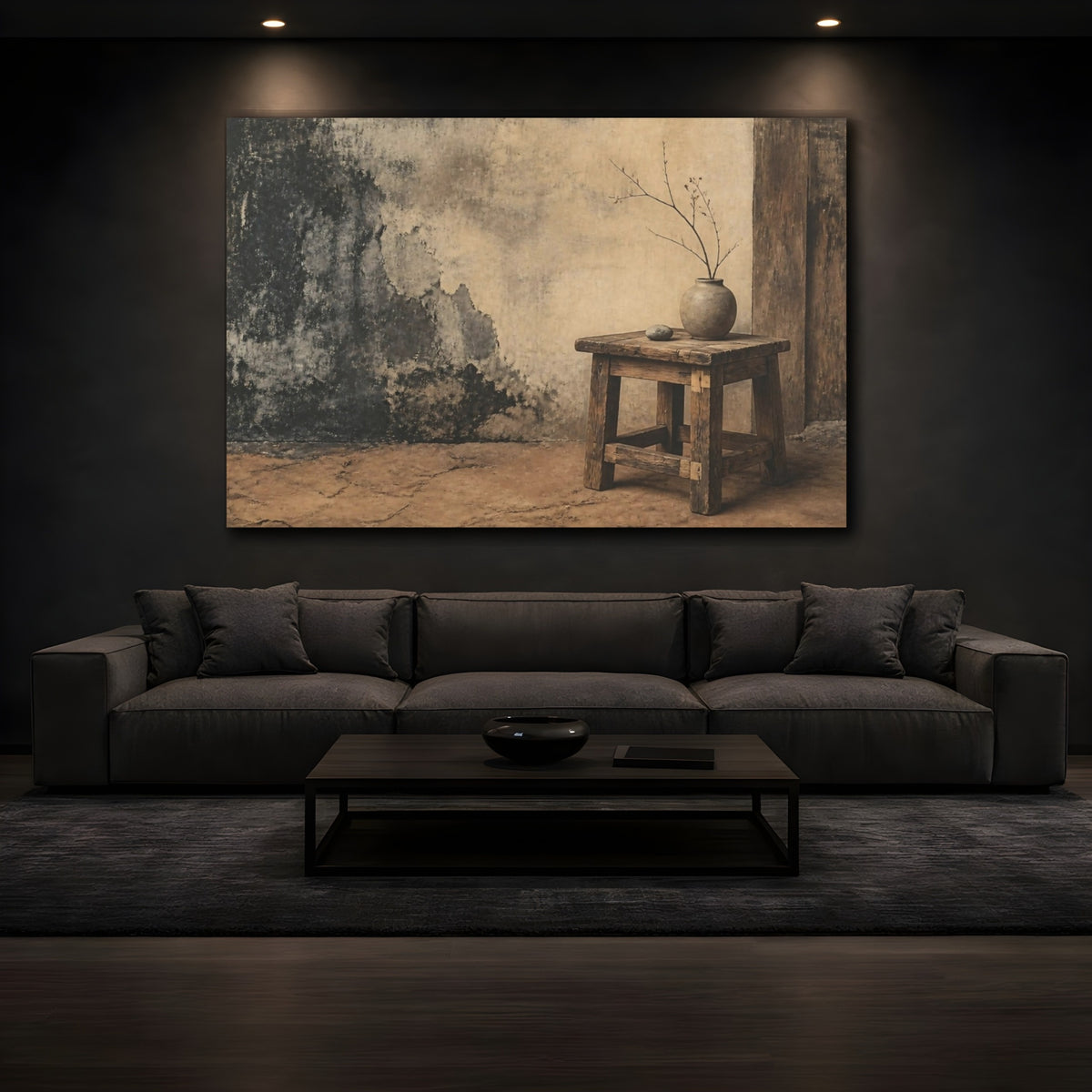 Mockup 3. Wabi-Sabi Wooden Stool shown as canvas print