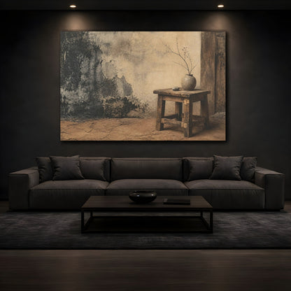 Mockup 3. Wabi-Sabi Wooden Stool shown as canvas print