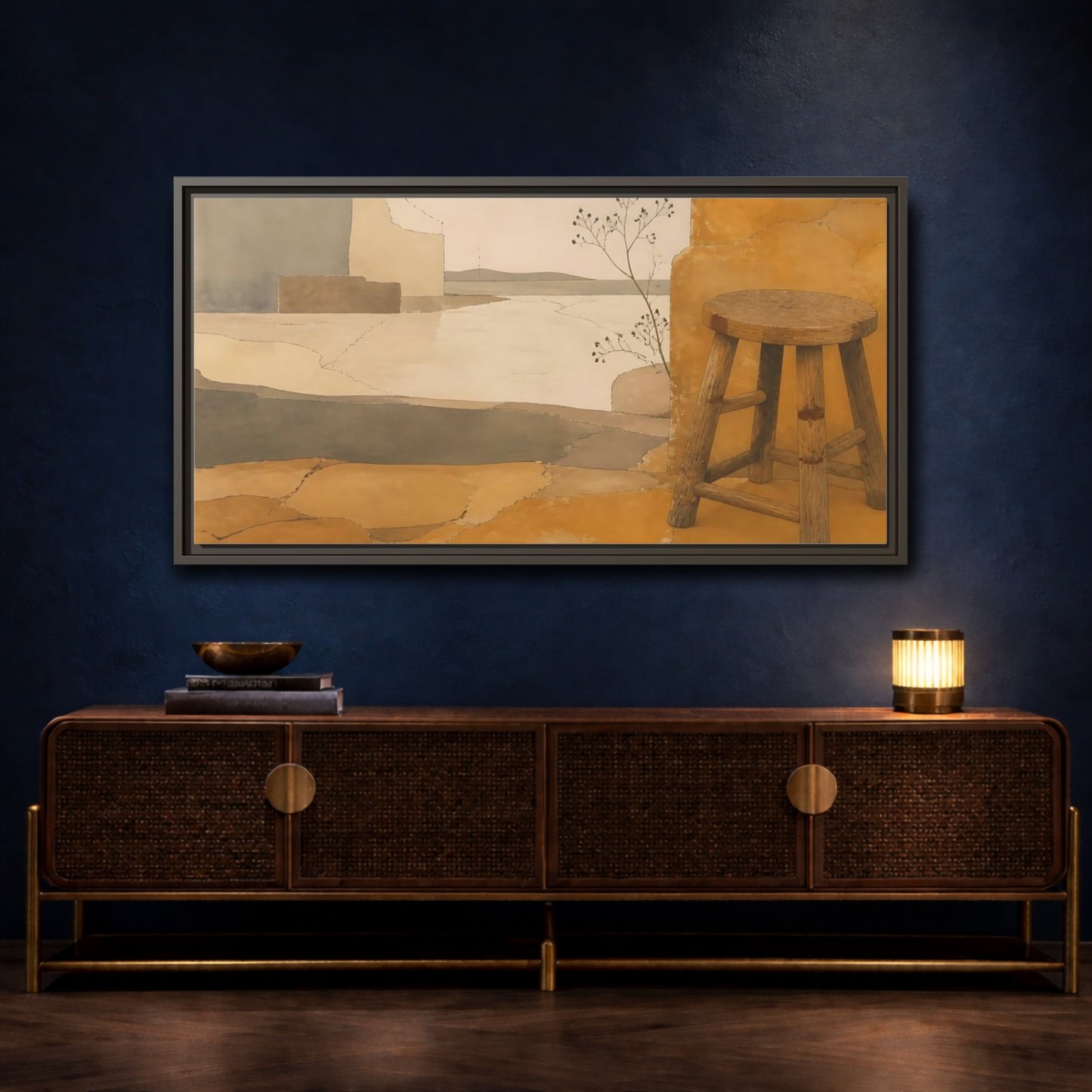 Mockup 4. Wabi-Sabi Wooden Stool shown as framed canvas print