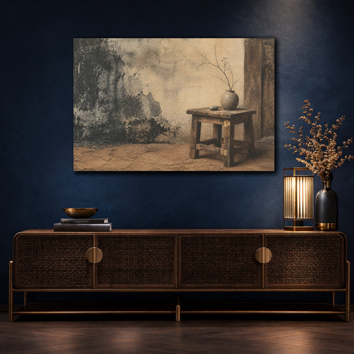Mockup 4. Wabi-Sabi Wooden Stool shown as canvas print