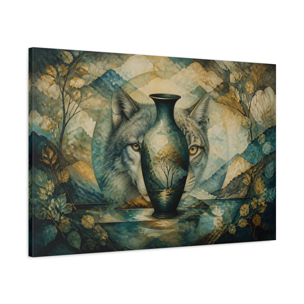 Main Mockup. Watchful Wolf Vase shown as canvas print