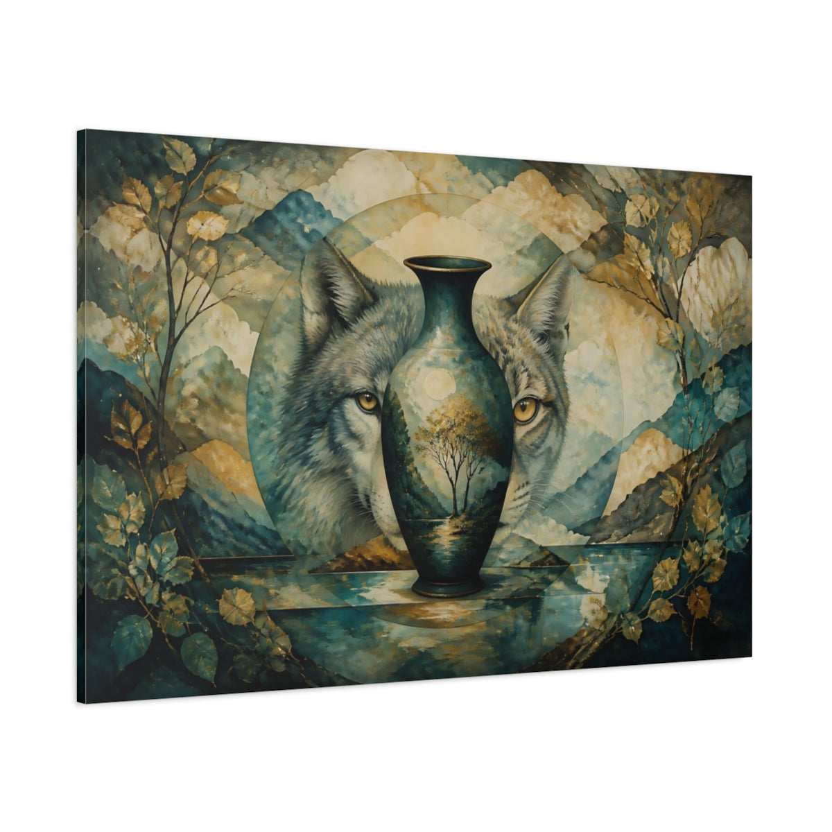 Side Mockup 1. Watchful Wolf Vase shown as canvas print