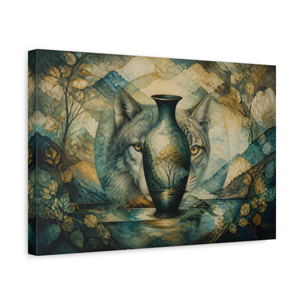 Side Mockup 4. Watchful Wolf Vase shown as canvas print