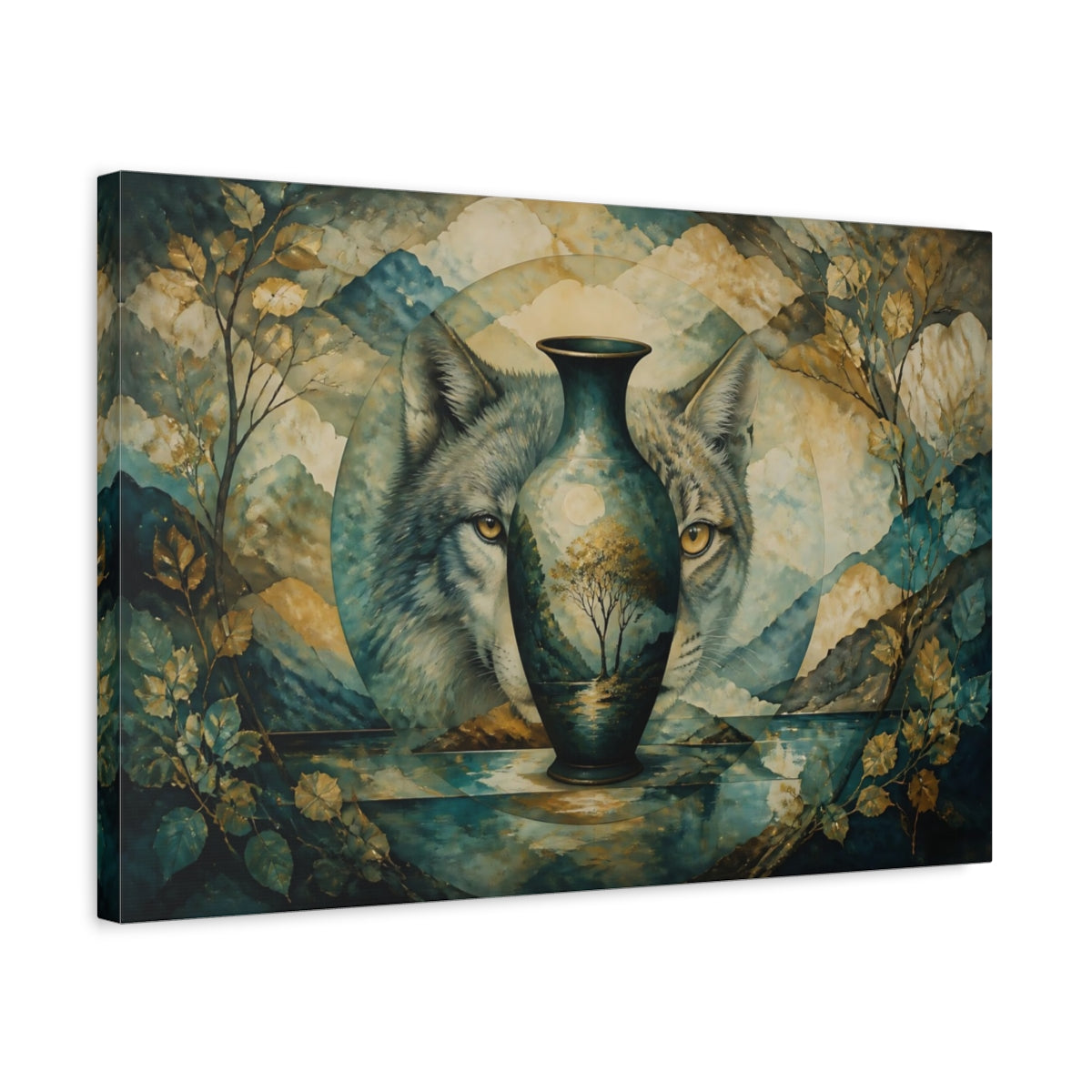 Side Mockup 3. Watchful Wolf Vase shown as canvas print
