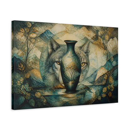 Side Mockup 3. Watchful Wolf Vase shown as canvas print