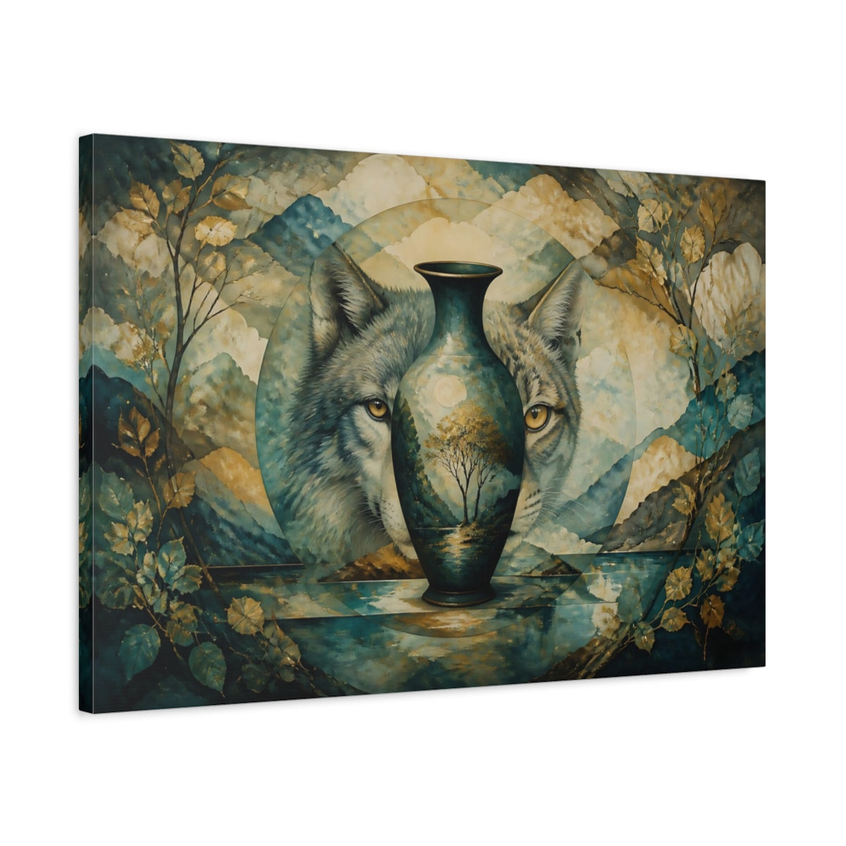Side Mockup 2. Watchful Wolf Vase shown as canvas print