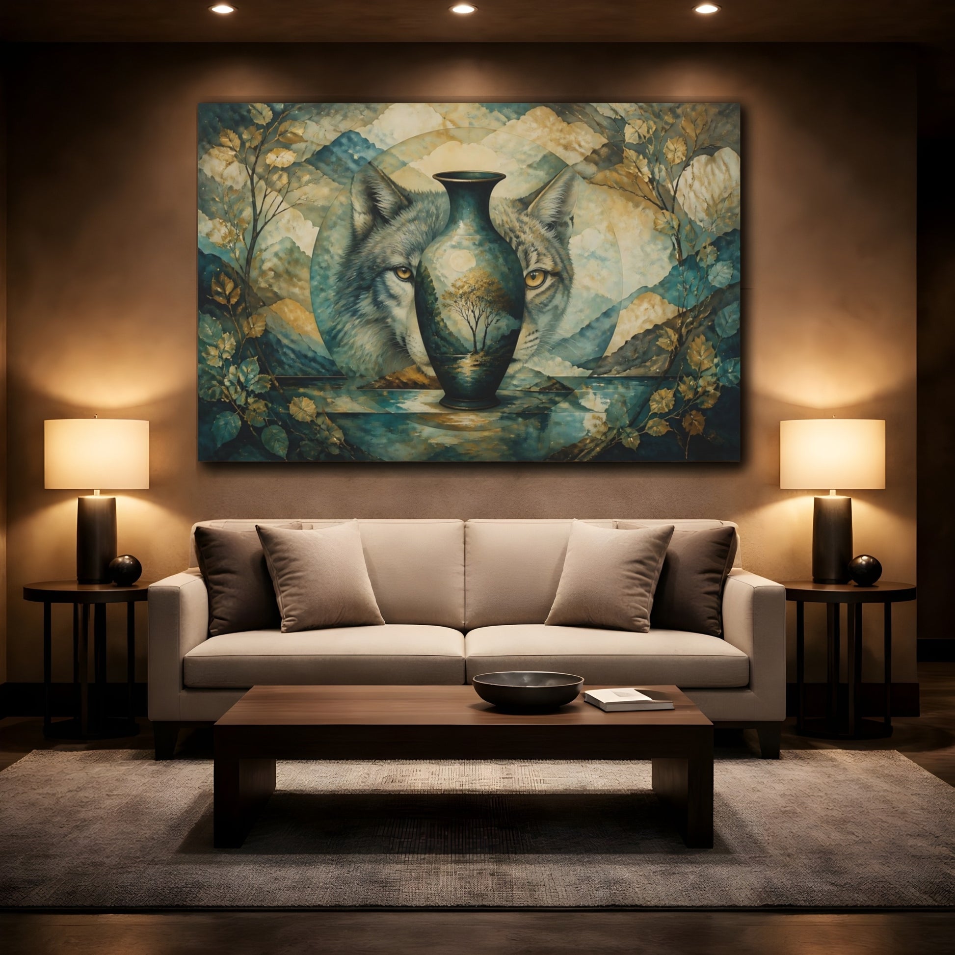 Mockup 2. Watchful Wolf Vase shown as canvas print
