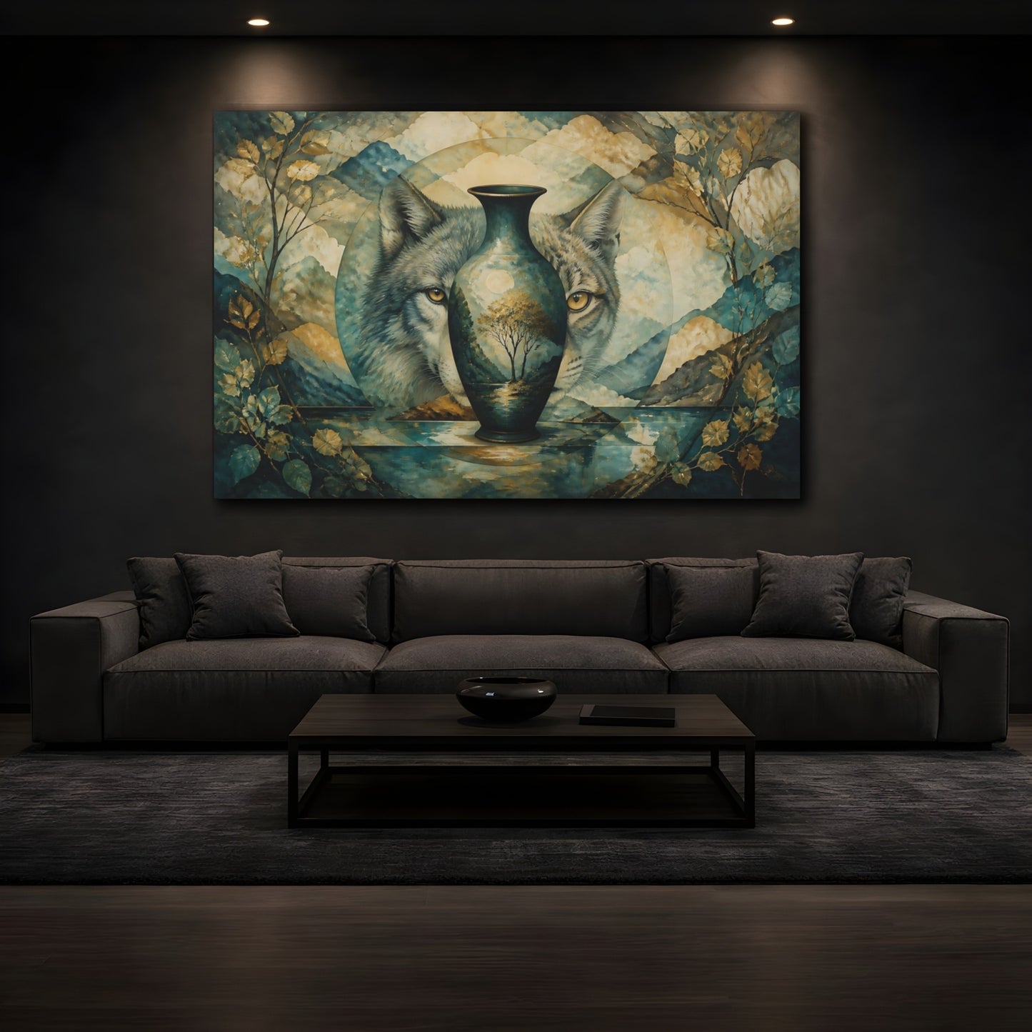 Mockup 3. Watchful Wolf Vase shown as canvas print