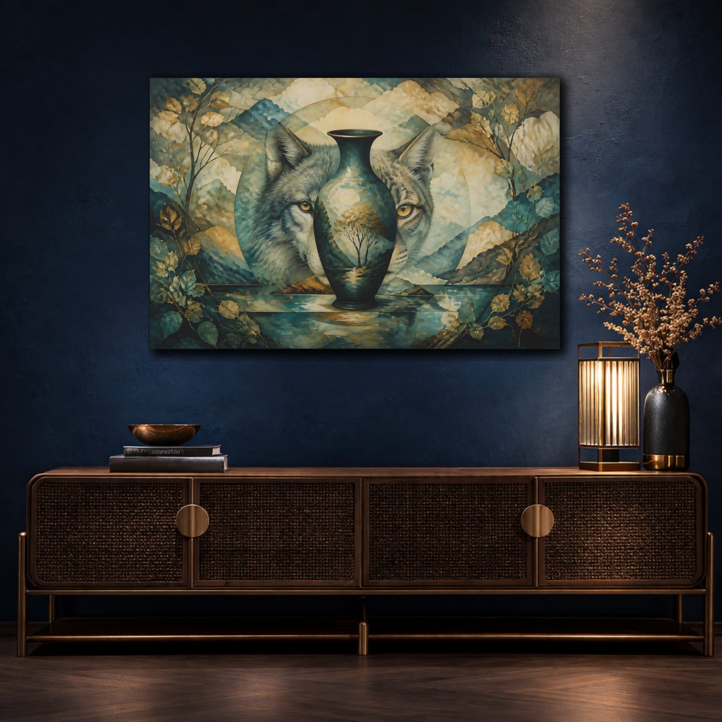 Mockup 4. Watchful Wolf Vase shown as canvas print