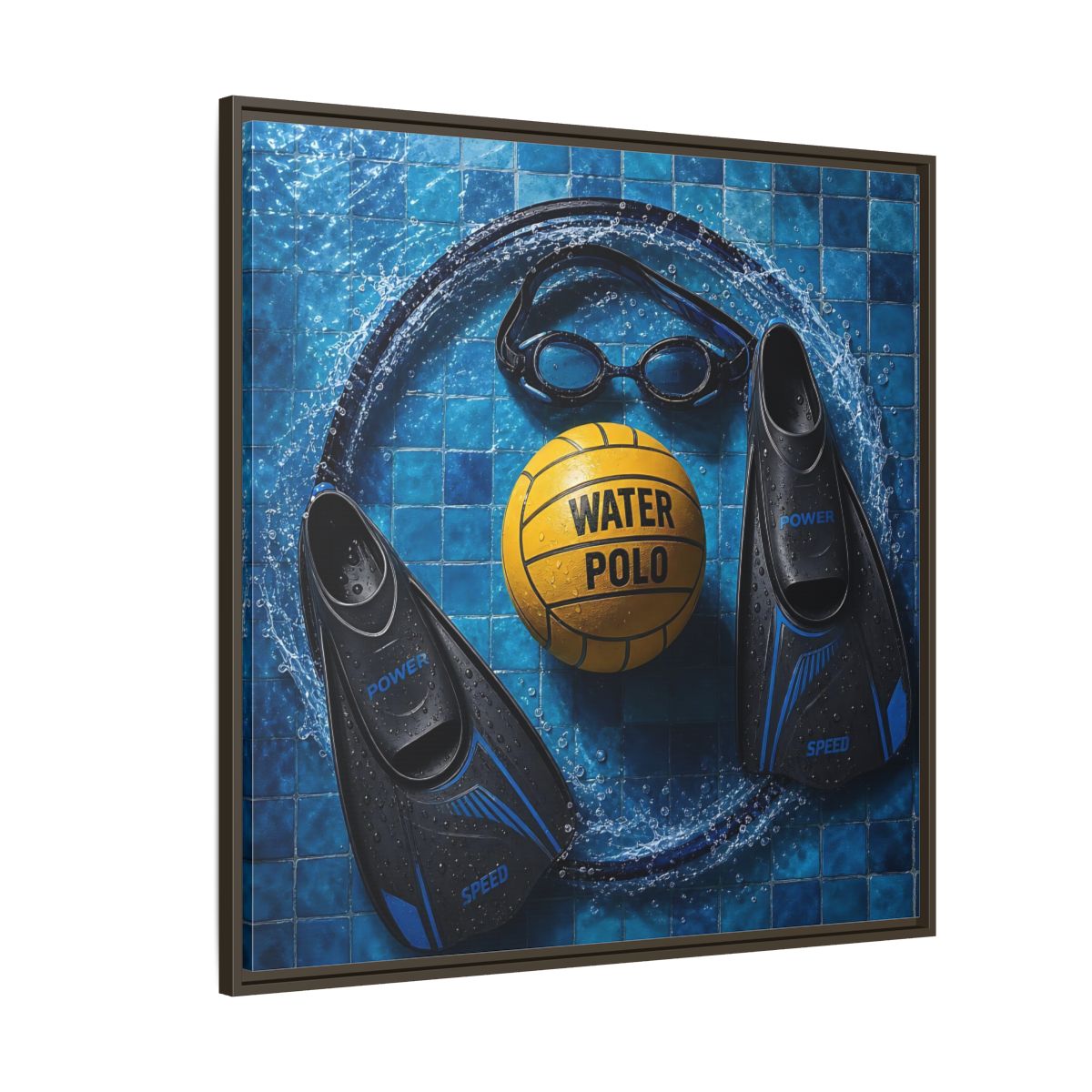 Side Mockup 5. Water Polo Essentials shown as framed canvas print