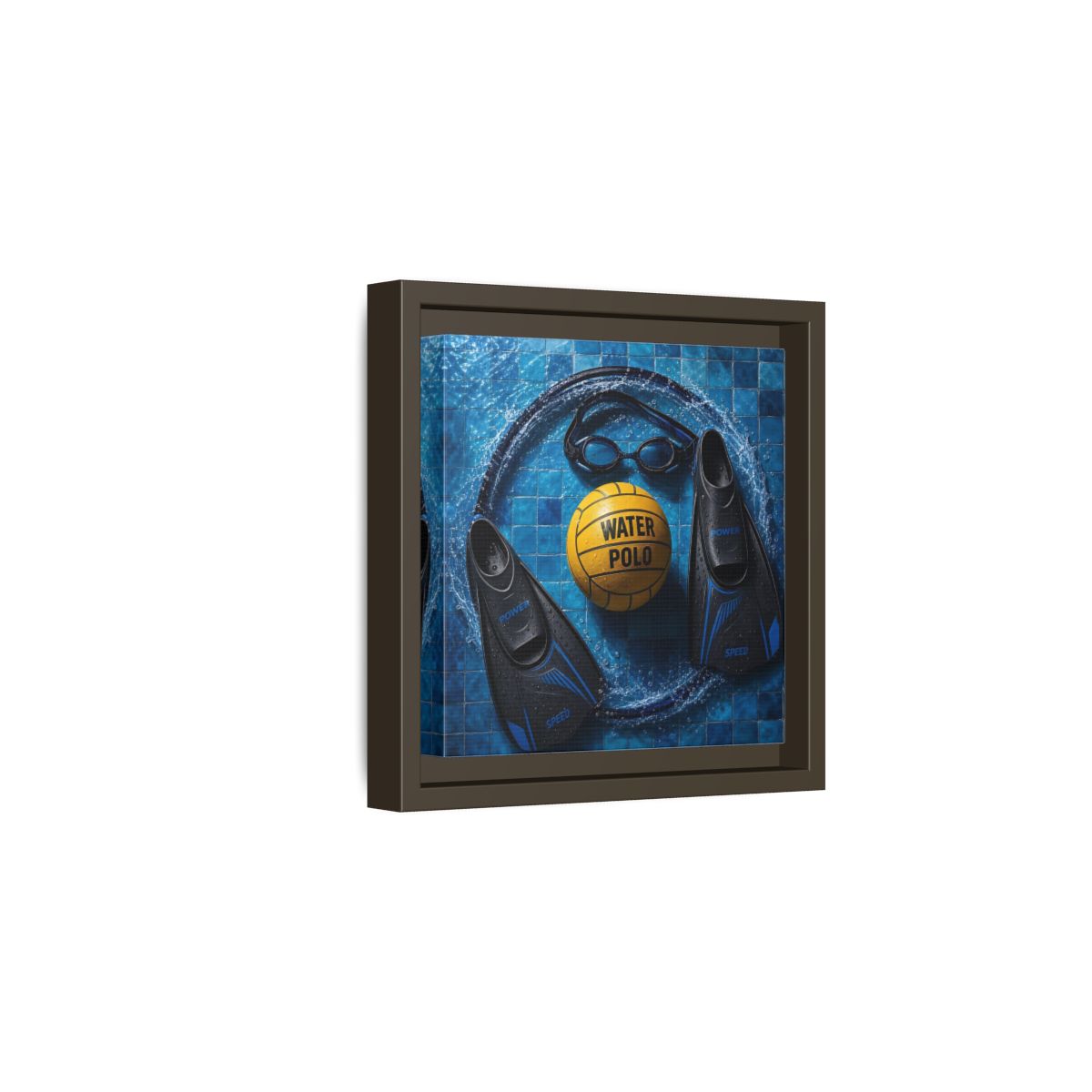 Side Mockup 2. Water Polo Essentials shown as framed canvas print