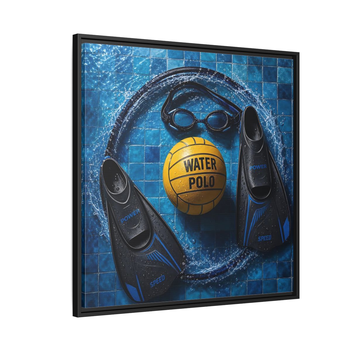 Side Mockup 9. Water Polo Essentials shown as framed canvas print