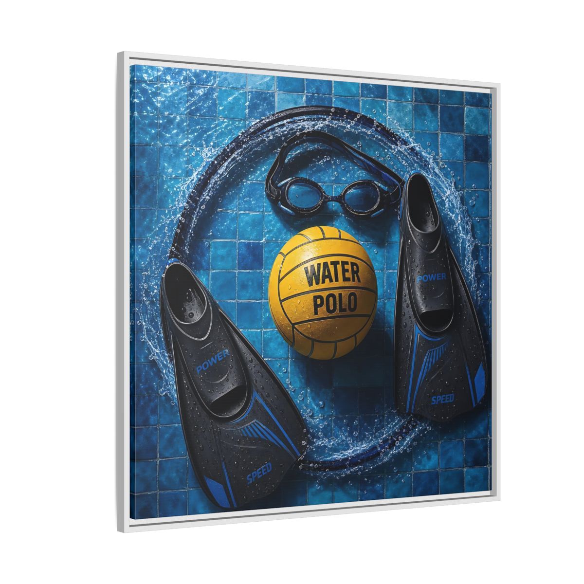Side Mockup 4. Water Polo Essentials shown as framed canvas print