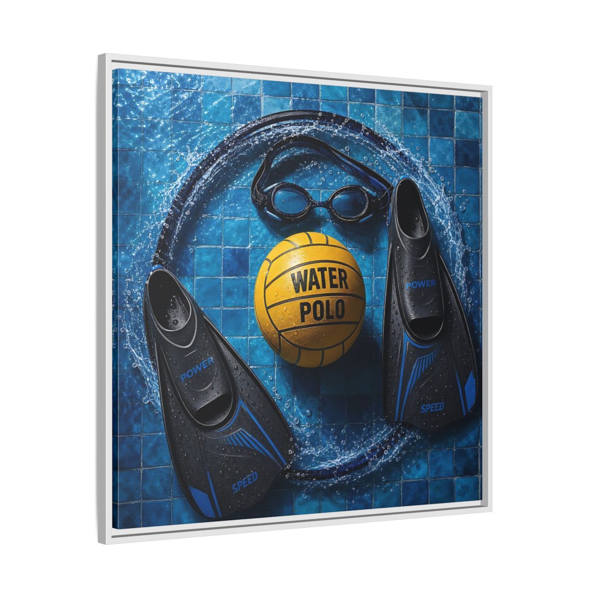 Side Mockup 25. Water Polo Essentials shown as framed canvas print