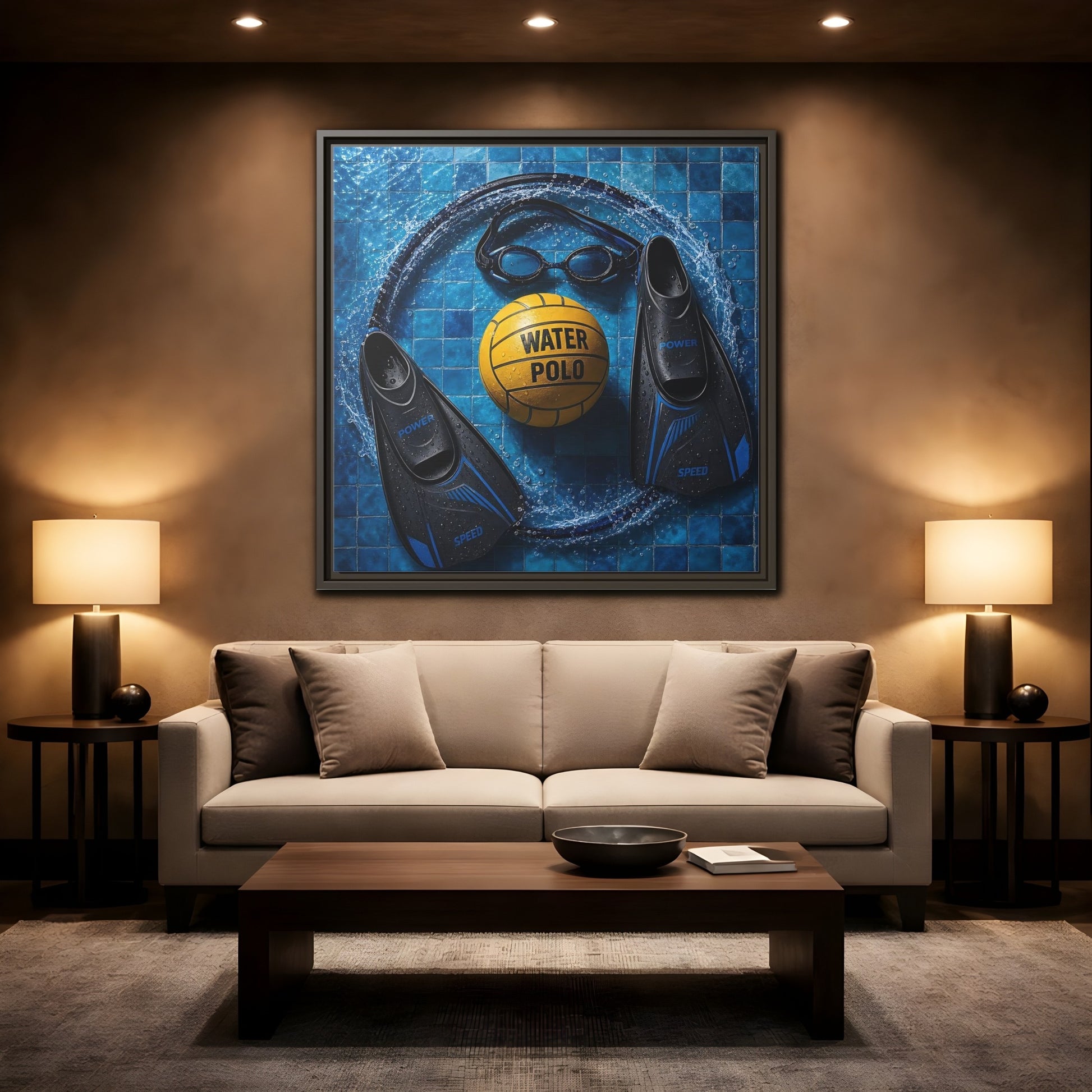 Mockup 2. Water Polo Essentials shown as framed canvas print