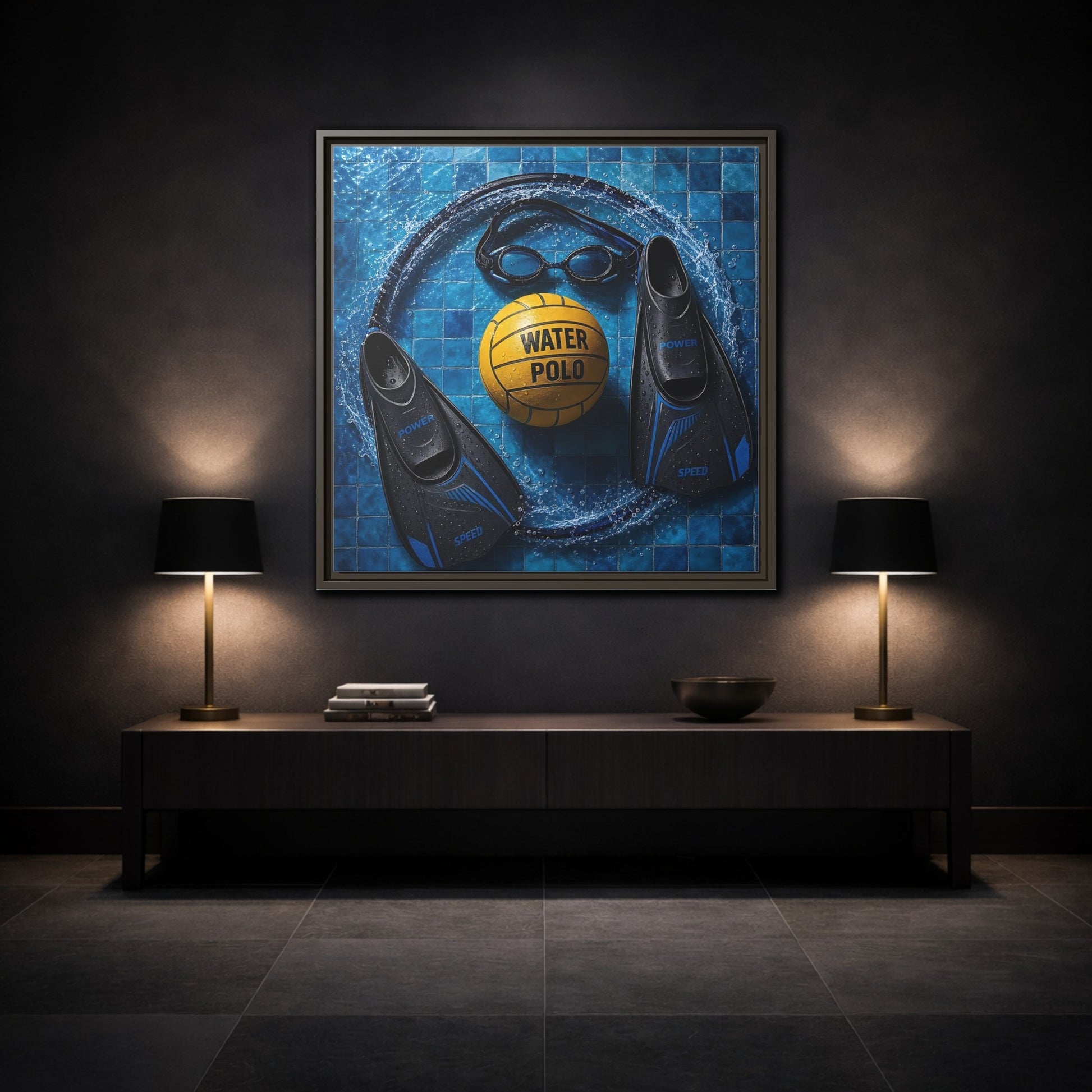Mockup 3. Water Polo Essentials shown as framed canvas print