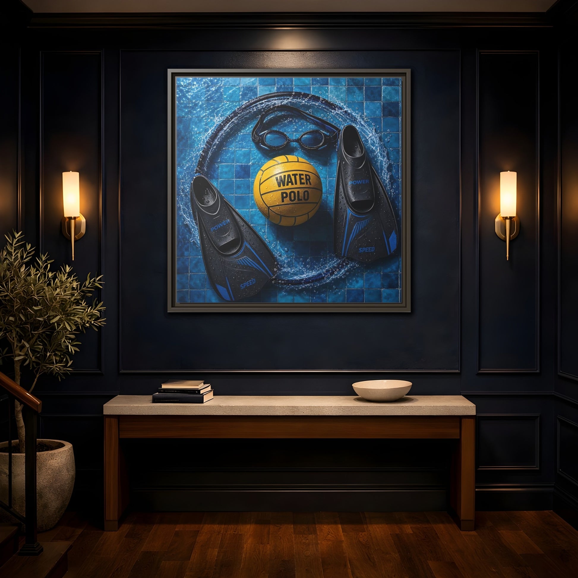 Mockup 4. Water Polo Essentials shown as framed canvas print