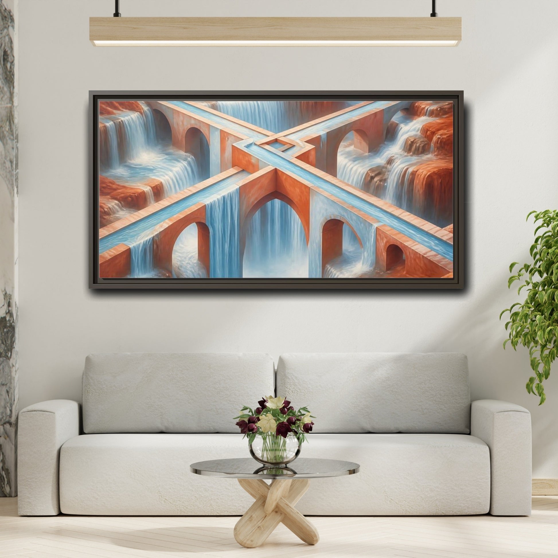 Mockup 2. Waterfall Bridge Illusion shown as framed canvas print