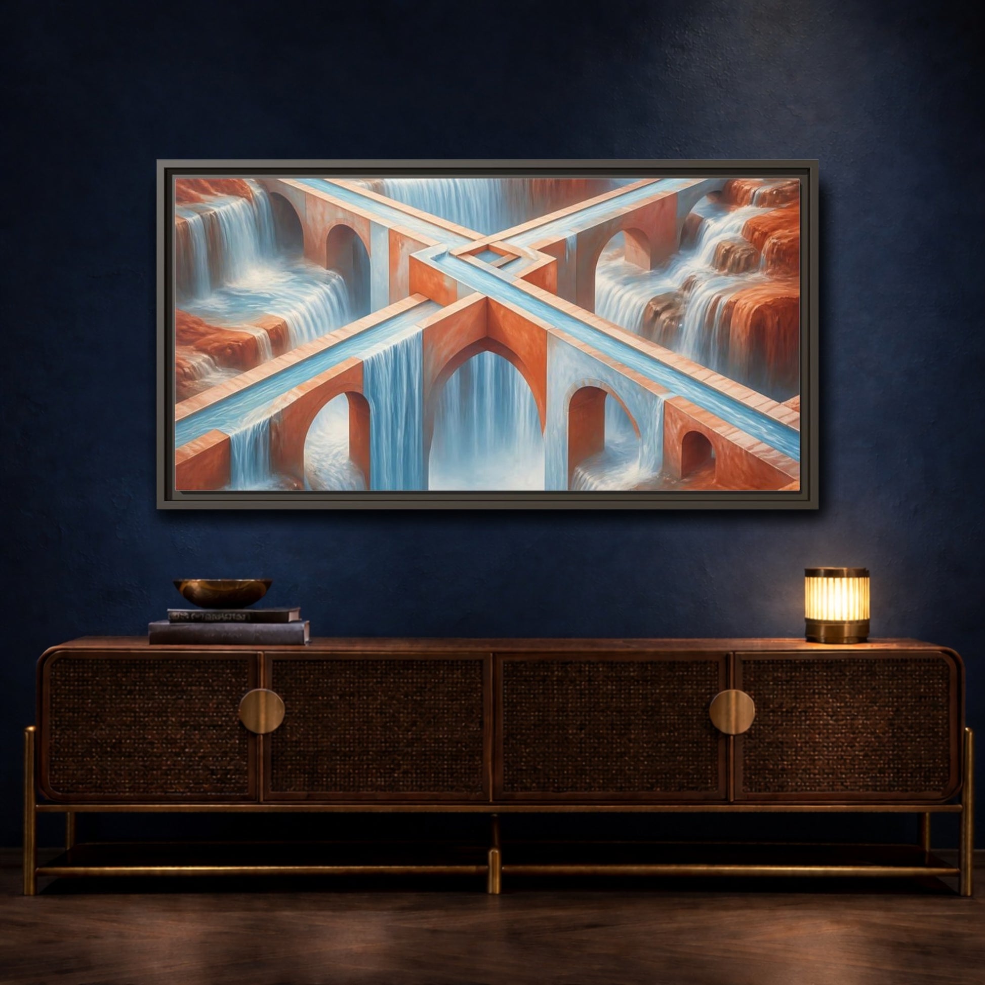 Mockup 4. Waterfall Bridge Illusion shown as framed canvas print