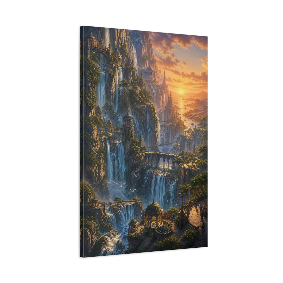 Main Mockup. Waterfall City At Sunset shown as canvas print