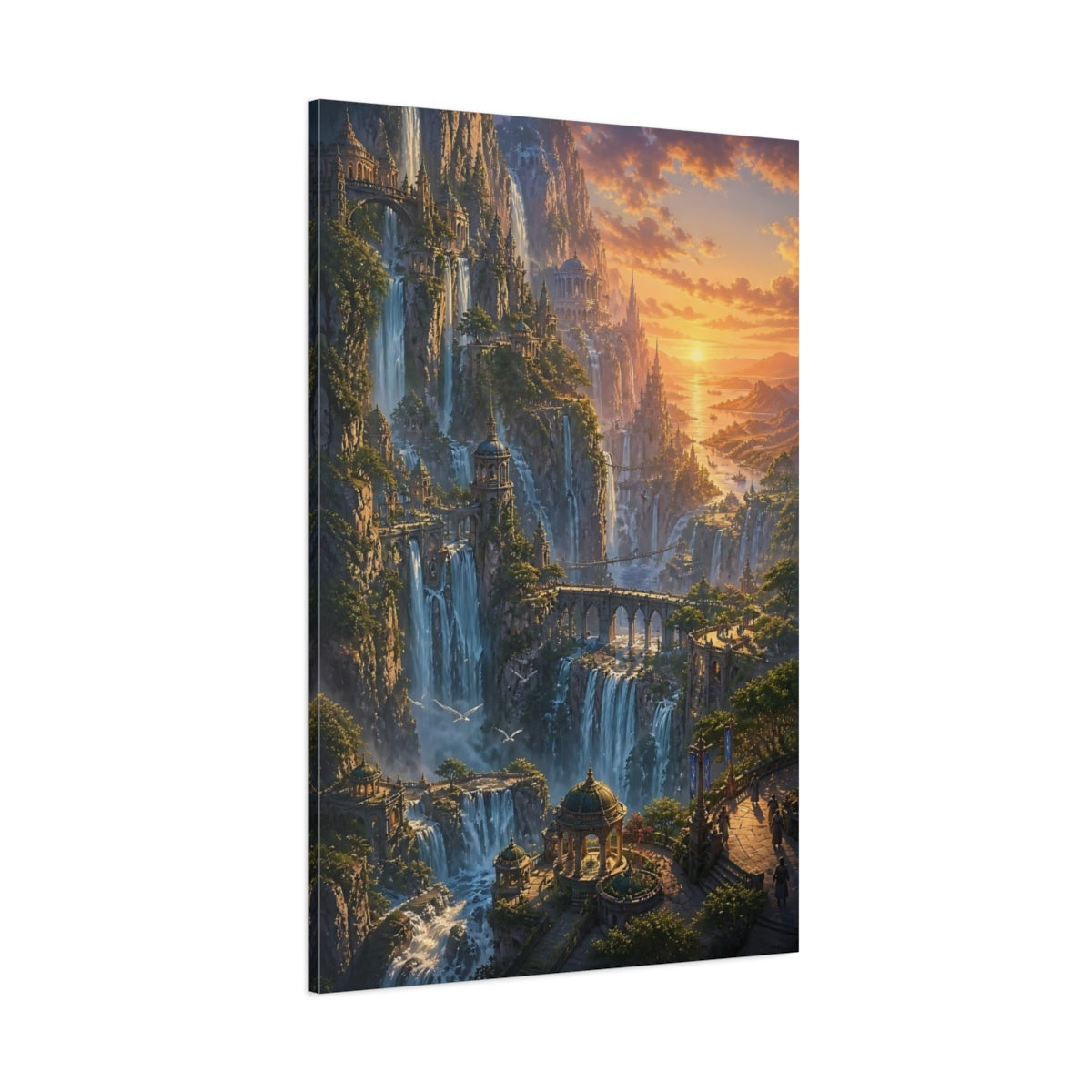 Side Mockup 1. Waterfall City At Sunset shown as canvas print