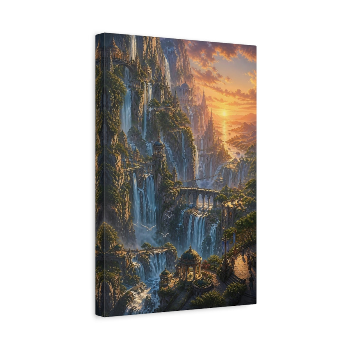 Side Mockup 4. Waterfall City At Sunset shown as canvas print