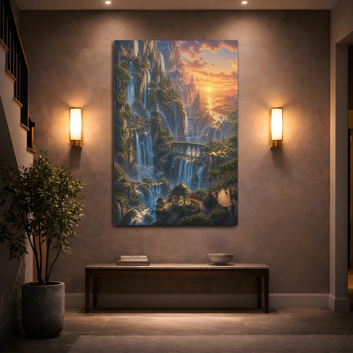 Mockup 2. Waterfall City At Sunset shown as canvas print