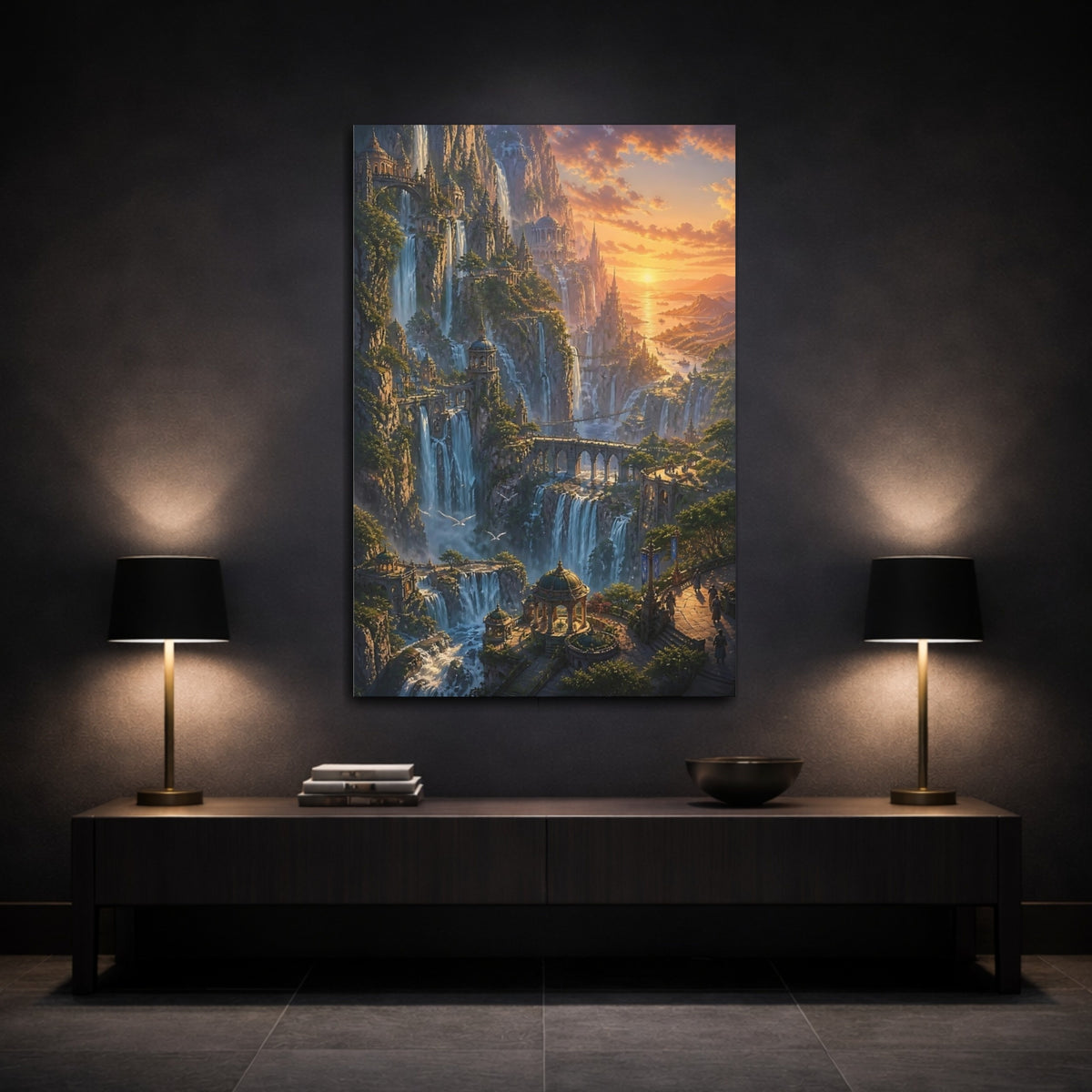 Mockup 3. Waterfall City At Sunset shown as canvas print