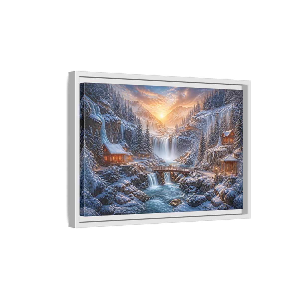 Side Mockup 4. Waterfall Landscape Sunrise Cabin shown as framed canvas print