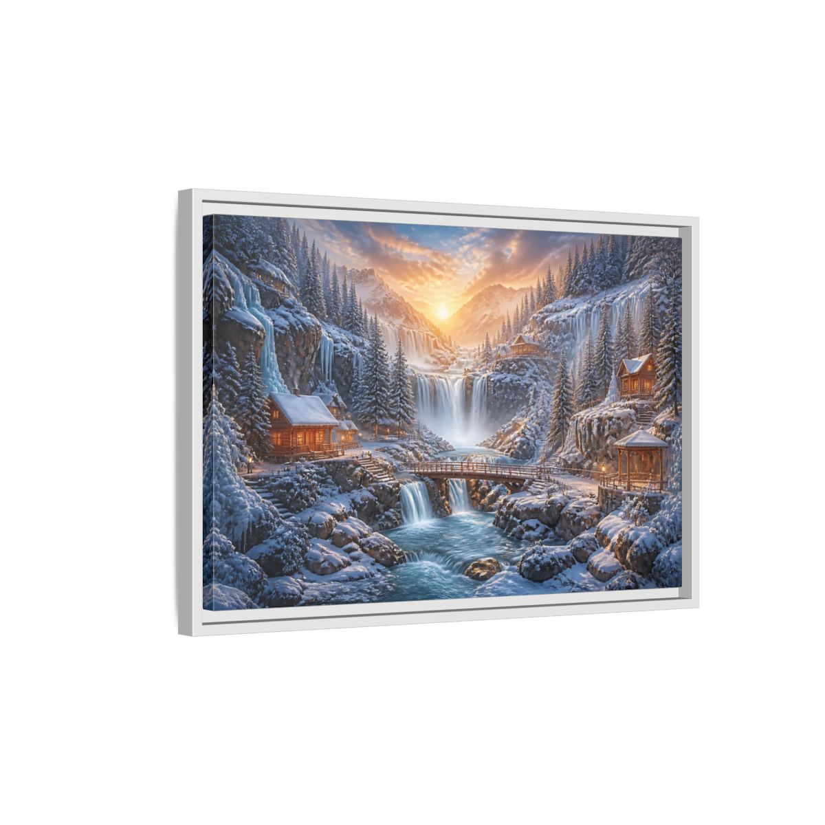 Side Mockup 1. Waterfall Landscape Sunrise Cabin shown as framed canvas print