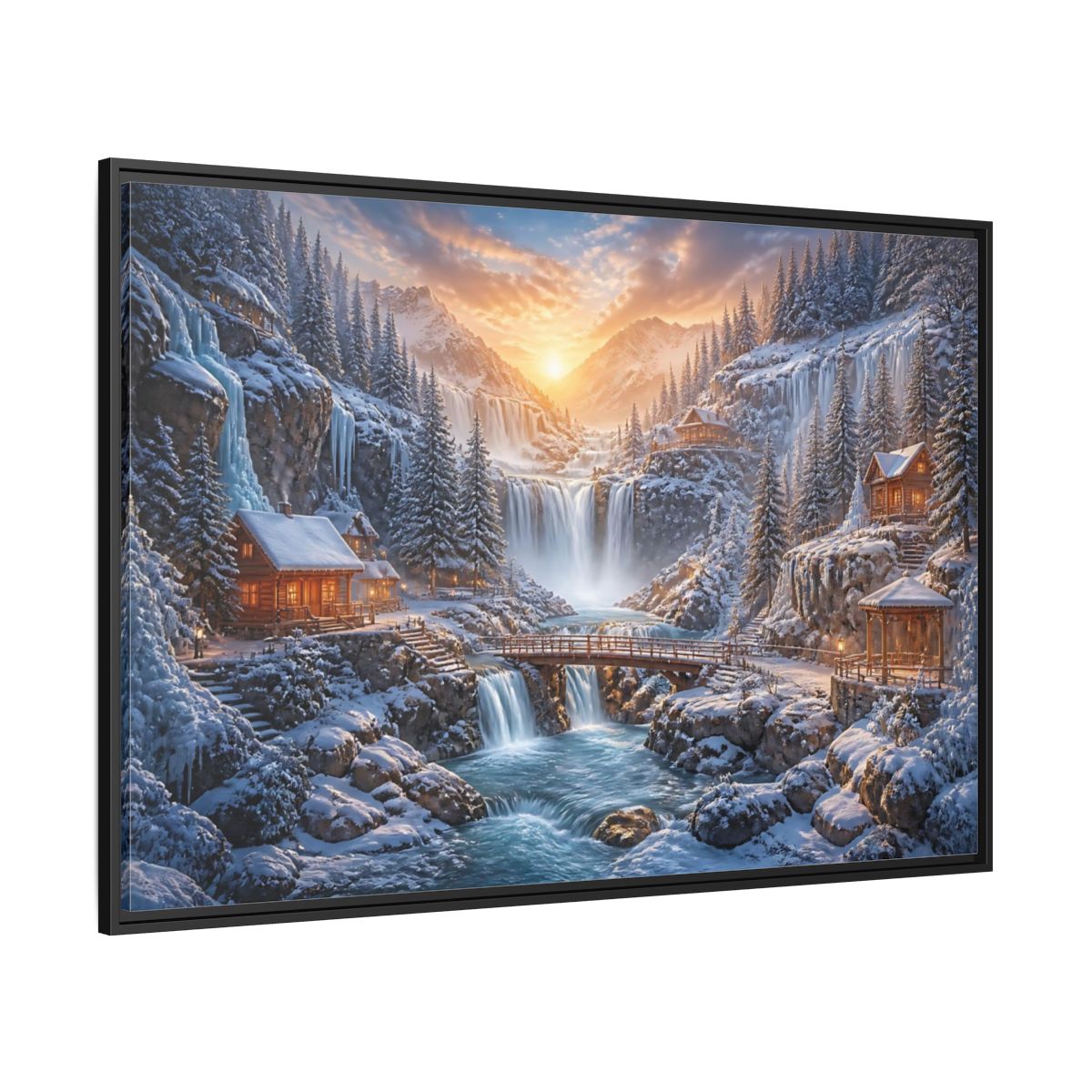 Side Mockup 12. Waterfall Landscape Sunrise Cabin shown as framed canvas print