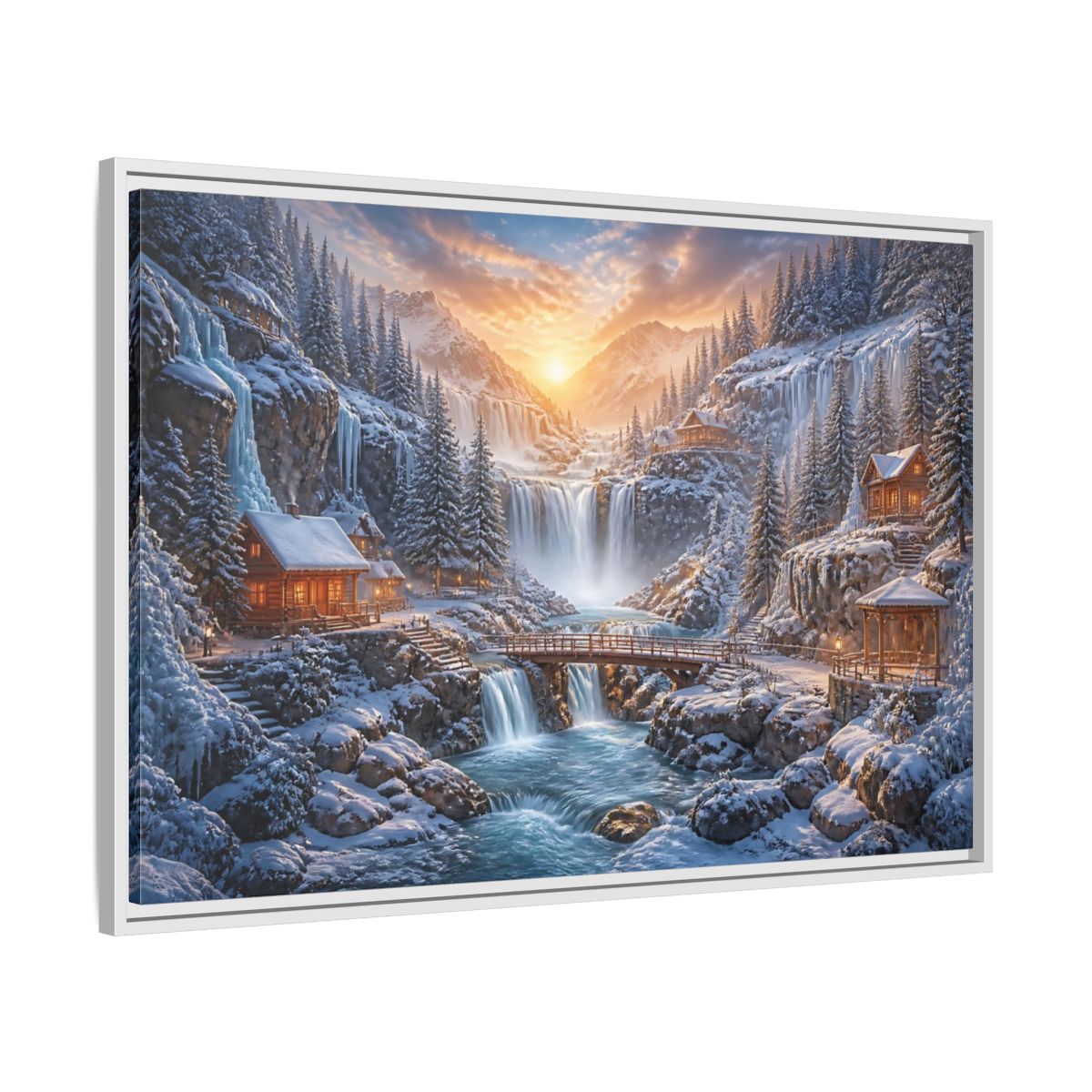 Side Mockup 9. Waterfall Landscape Sunrise Cabin shown as framed canvas print