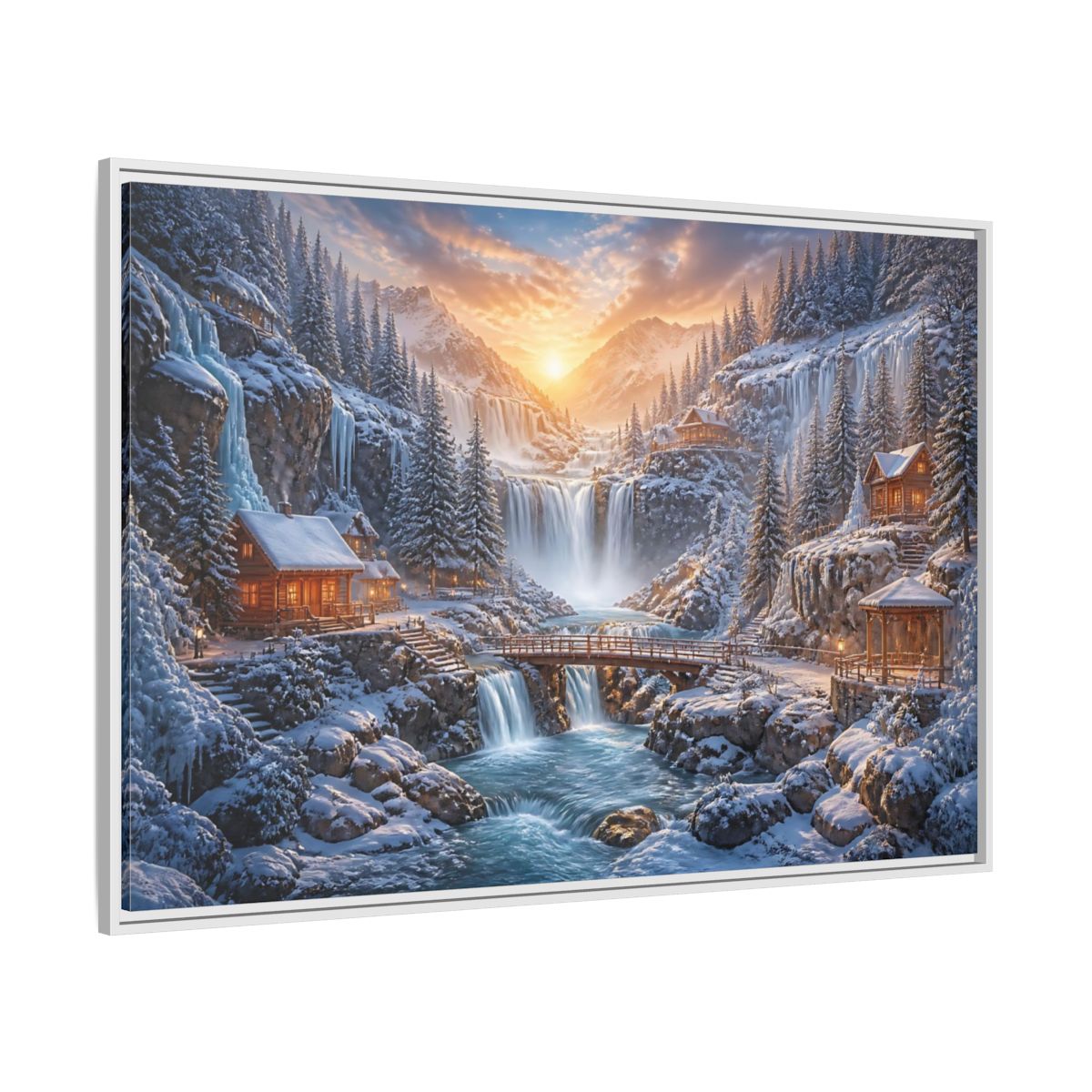 Side Mockup 7. Waterfall Landscape Sunrise Cabin shown as framed canvas print