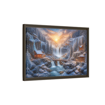 Side Mockup 2. Waterfall Landscape Sunrise Cabin shown as framed canvas print