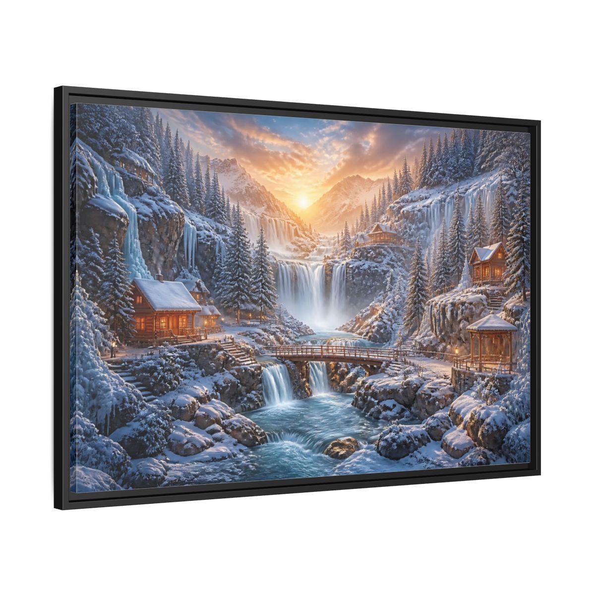 Side Mockup 13. Waterfall Landscape Sunrise Cabin shown as framed canvas print