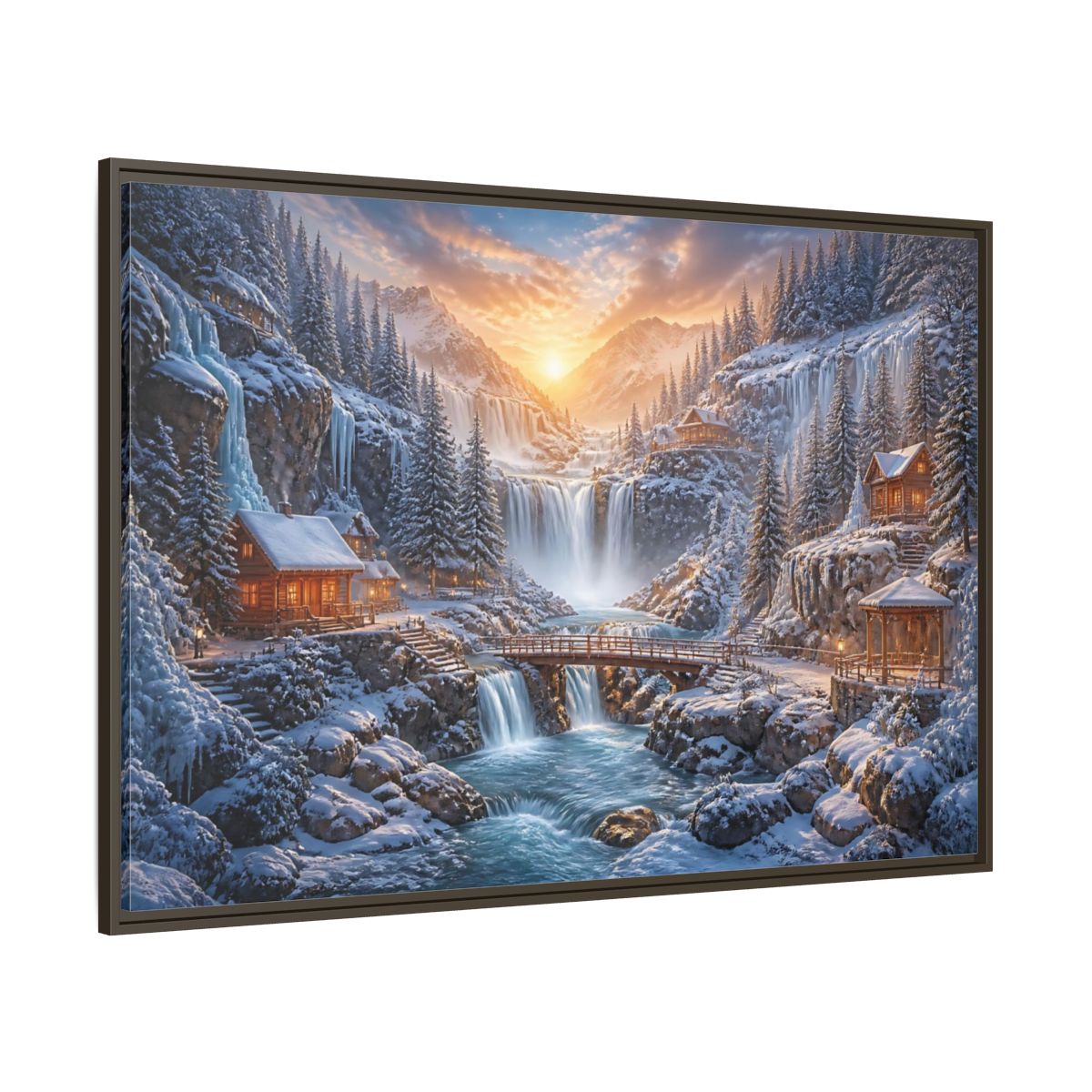 Side Mockup 8. Waterfall Landscape Sunrise Cabin shown as framed canvas print