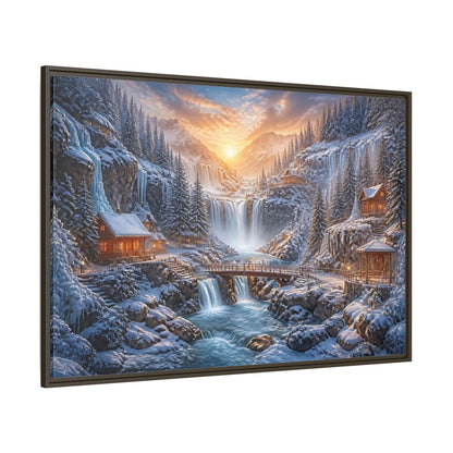 Side Mockup 8. Waterfall Landscape Sunrise Cabin shown as framed canvas print