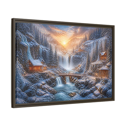 Side Mockup 11. Waterfall Landscape Sunrise Cabin shown as framed canvas print