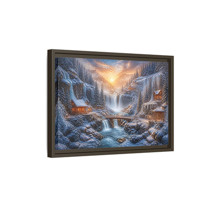 Side Mockup 5. Waterfall Landscape Sunrise Cabin shown as framed canvas print