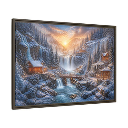Main Mockup. Waterfall Landscape Sunrise Cabin shown as framed canvas print