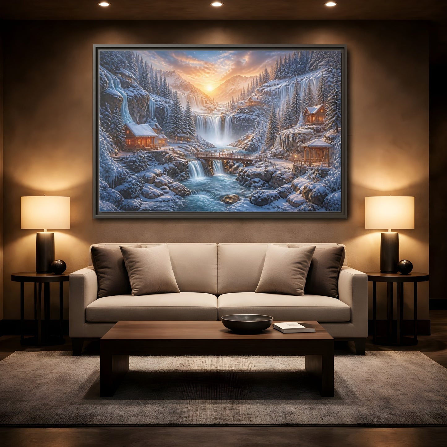 Mockup 2. Waterfall Landscape Sunrise Cabin shown as framed canvas print